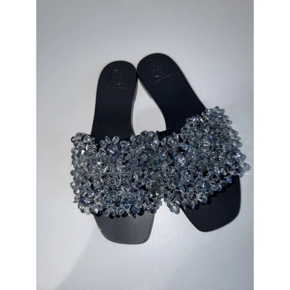 Tory Burch LOGAN Navy Blue Swarovski  Embellished Satin Slide Sandals Sz 7.5 M